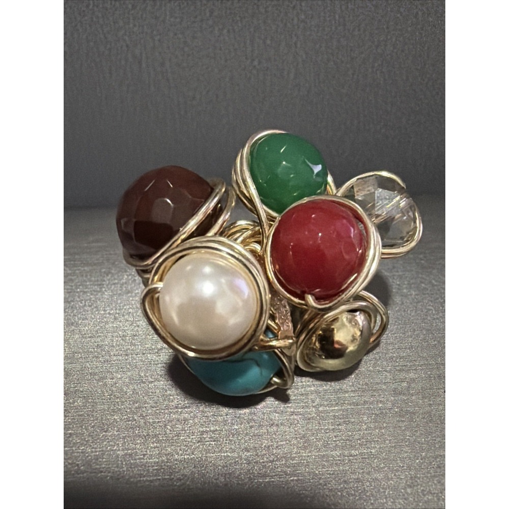Chunky Gold Tone Wire Wrapped Multicolor Stone Glass Cluster Ring Size 6